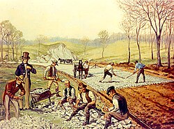 Construction of a macadamized road in the United States (1823). These roads allowed stagecoaches to travel at much greater speeds.