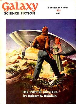 The opening installment of The Puppet Masters took the cover of the September 1951 issue of Galaxy Science Fiction.