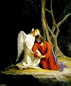 Kristus i Getsemane (1873), an angel comforting Jesus Christ before his arrest in the Garden of Gethsemane, by Carl Heinrich Bloch.