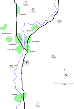 French dispositions at Điện Biên Phủ, as of March 1954. The French took up positions on a series of fortified hills. The southernmost, Isabelle, was dangerously isolated. The Viet Minh positioned their five divisions (the 304th, 308th, 312th, 316th, and 351st) in the surrounding areas to the north and east. From these areas, the Viet Minh artillery had a clear line of sight to the French fortifications and were able to accurately target the French positions.