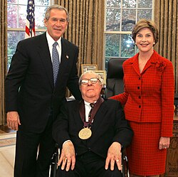 Bradbury receiving the National Medal of Arts in 2004 with President George W. Bush and First Lady Laura Bush