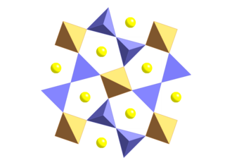 A view down onto the sheets of the A2B(T2O7) melilite structure. The A sites are yellow spheres, the B sites are pale orange tetrahedra, and the T sites are blue tetrahedra. Oxygen atoms (not shown) are on the corners of the tetrahedra.