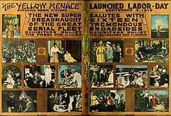 In The Yellow Menace film serial, Asian villains threaten the white heroine. (September 1916)[6]: 3