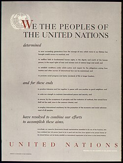 United States World War II poster containing the Preamble to the Charter of the United Nations