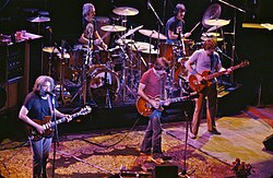 Grateful Dead at Warfield Theatre in 1980. Left to right: Jerry Garcia, Bill Kreutzmann, Bob Weir, Mickey Hart, Phil Lesh. Not pictured: Brent Mydland.