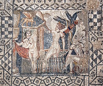 Mosaic depicting Diana and her nymph surprised by Actaeon. Ruins of Volubilis, 2nd century CE.