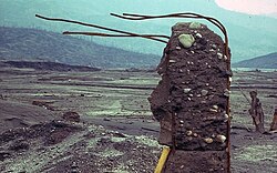 Building remnant in Francisco Leon destroyed by pyroclastic surges and flows during eruption of El Chichon volcano in Mexico in 1982. Reinforcement rods in the concrete were bent in the direction of the flow.
