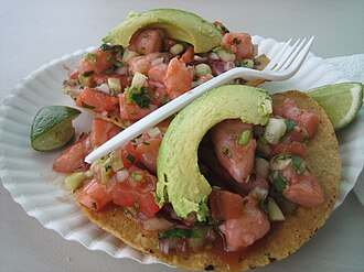 Shrimp tostadas made with locally grown ingredients as served at Tacos Sinaloa[1] in Berkeley, California