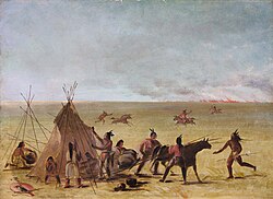 Indian family alarmed at the approach of a prairie fire, George Catlin, c. 1846