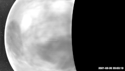 WISPR of the Parker Solar Probe took this visible light footage of the nightside of Venus in 2021, showing the hot faintly glowing surface, and its Aphrodite Terra as large dark patch, through the clouds, which prohibit such observations on the dayside when they are illuminated.[3][4] Possibly representing the illusive ashen light.[5]