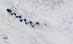 Kármán vortex streets formed off the island of Tristan da Cunha in the south Atlantic Ocean