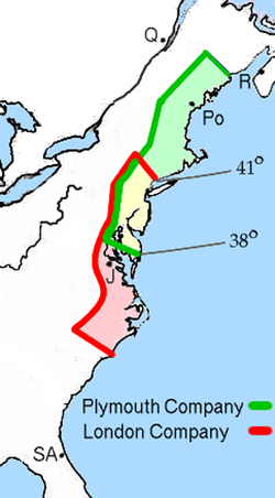 The 1606 grants by James I to the London and Plymouth companies; the overlapping area (in yellow) was granted to both companies on the stipulation that neither found a settlement within 100 miles (160 km) of each other; the location of the Jamestown Settlement is shown by "J"