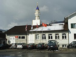 Mosque with minaret in Wangen bei Olten, canton of Solothurn. Inaugurated in July 2009, this mosque triggered that year's popular initiative which banned the construction of any further mosque towers in Switzerland.