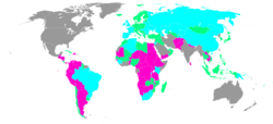 Parties to ILO's 1973 Minimum Age Convention, and the minimum ages they have designated: purple, 14 years; green, 15 years; blue, 16 years