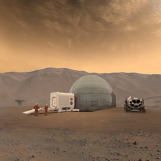 Concept for a Mars base, with ice home, pressurized rover, and Mars suits, 2016