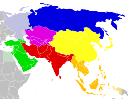The United Nations Statistics Division (UNSD) geoscheme for Asia works with subregions defined in terms of UN political geography statistics.[87] The UNSD geoscheme is based on statistic convenience rather than implying any assumption regarding political or other affiliation of countries or territories:[88] North Asia Central Asia Western Asia South Asia East Asia Southeast Asia