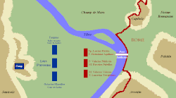 508 BC Siege by Etruscans (forces in blue) of Rome (forces in red).