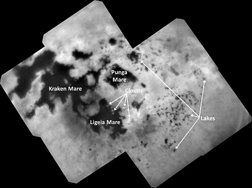 Titan's north polar region, featuring its three seas (maria)—Kraken Mare, Ligeia Mare, and Punga Mare—as well as smaller lakes (lacūs)
