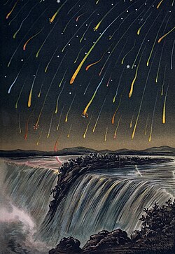 Artwork of the 1833 Leonid meteor storm, as seen from Niagara Falls in North America, on the night of November 12–13