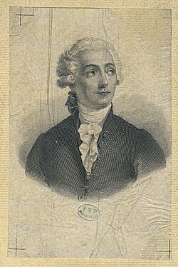 A drawing of a young man facing towards the viewer, but looking on the side. He wear a white curly wig, dark suit and white scarf.