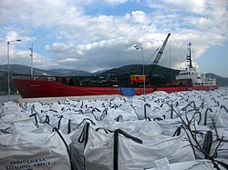 Calcium carbonate loaded in the port of Argostoli.