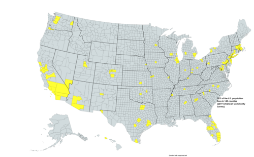 In 2019, half the U.S. population lived in 143 urban / suburban counties, out of 3,143 counties or county equivalents