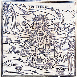 Illustration of Lucifer in the first fully illustrated print edition of Dante Alighieri's Divine Comedy. Woodcut for Inferno, canto 33. Pietro di Piasi, Venice, 1491.