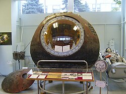 The Vostok 1 capsule which carried Yuri Gagarin on the first crewed space flight, now on display at the RKK Energiya museum outside of Moscow