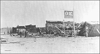 After the May 25, 1882, fire, the only remnant of the O.K. Corral was its sign. The blaze destroyed most of the western half of the business district.
