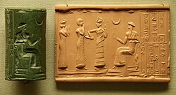 Sumerian cylinder seal, dated c. 2400 BC, showing the Moon god as a crescent symbol