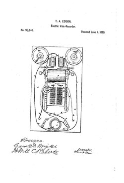 A diagram for the vote recorder signed by Edison with the patent number displayed.