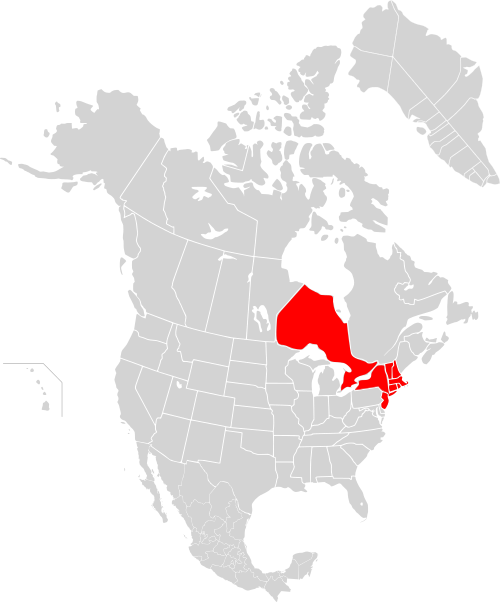 A map of the states and provinces affected. Not all areas within the political boundaries were blacked out.