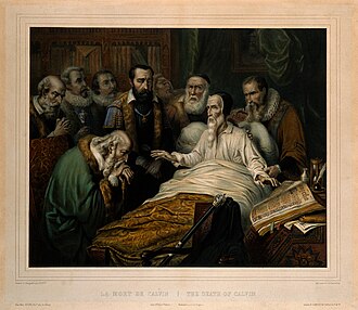 John Calvin depicted on his deathbed with church members in The last moments of Calvin, a late 19th century portrait by Lluís Domènech i Montaner