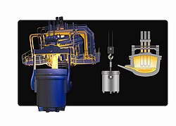 Rendering of exterior and interior of an electric arc furnace.