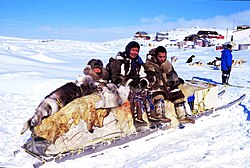 Inuit on a traditional qamutik (dog sled) in Cape Dorset, Nunavut, Canada
