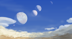 Digital art drawing of Jupiter's moons as if seen from Jupiter's cloud tops. Swirling brown and tan clouds in a blue sky frame four small lumpy asteroids and four large spherical moons. Io has yellow and white regions with glowing red volcanoes and the plume of erupting volcanoes visible on the limb. Europa is white and tan, criss-crossed with brown cracks. Ganymede is brown, gray, and white, and Callisto is brown with tiny white craters. Io appears by far the largest--twice as big as Europa and Ganymede, which are about the same apparent size. Callisto is then half the size of those. The minor asteroid moons: Metis, Adrastea, Amalthea, and Thebe; are elliptical lumps much smaller than Callisto.