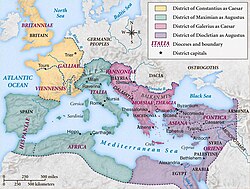The Roman Empire under the Tetrarchy, with the territory of Constantius (yellow), Maximian (green), Galerius (pink), and Diocletian (purple)