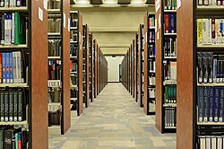 Parallel arrangement of bookshelves