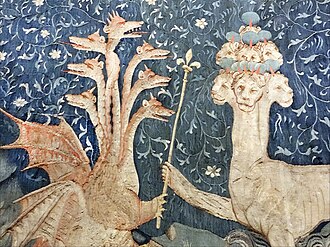 Satan (the dragon; on the left) gives to the beast of the sea (on the right) power represented by a sceptre in a detail of panel III.40 of the medieval French Apocalypse Tapestry, produced between 1377-82.