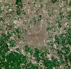 The northward urban sprawl since the mid-20th century is visible in this satellite image of Milan