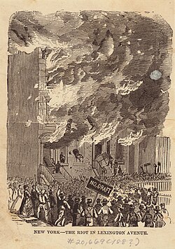 Rioters attacking a building during the New York anti-draft riots of 1863.