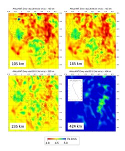 Maps of four different depth slices of the Shear-velocity (Vs) model developed by Emry et al. 2018.[15] The forms of the zones with lower Vs (colors toward red) suggest the hotter structures in the Mantle. The distinguishing fourth map depicts a depth below the 410 km discontinuity where Vs steeps up (getting overall bluer), but it still displays the signature of a plume at the substrate of the East African Rift. In the white box, the Vs vertical profile at 10°N, 40°E illustrates the increase of velocity with depth and the effect of the 410 km discontinuity.
