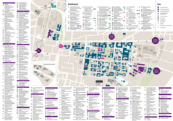 A 2025 map of the university campus, with all buildings labelled