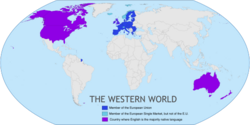 Map of the Western world consisting of the anglosphere (as defined by James Bennett), the European Union and European Single Market members, 2017