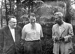 Chief Designer Sergei Korolev (left), with the father of the Soviet atomic bomb Igor Kurchatov (center), and Chief Theoretician Mstislav Keldysh (right) in 1956
