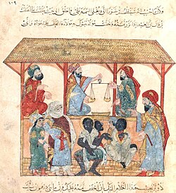 A 13th-century book illustration produced in Baghdad by al-Wasiti showing a slave-market in the town of Zabid in Yemen