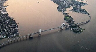 An aerial view of the Throgs Neck Bridge