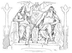 The goddess Frigg and her husband, the god Odin, sit in Hliðskjálf and gaze into "all worlds" and make a wager as described in Grímnismál in an illustration by Lorenz Frølich, 1895