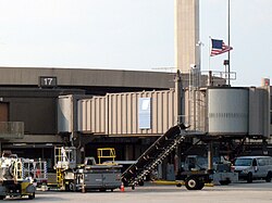 An American flag now flies at half-staff over Gate 17 of Terminal A at Newark Liberty International Airport in Newark, New Jersey, departure gate of United Airlines Flight 93 on 9/11.