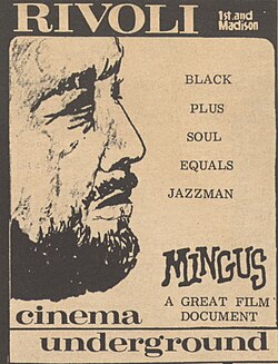 Ad for Thomas Reichman's 1968 Mingus documentary.